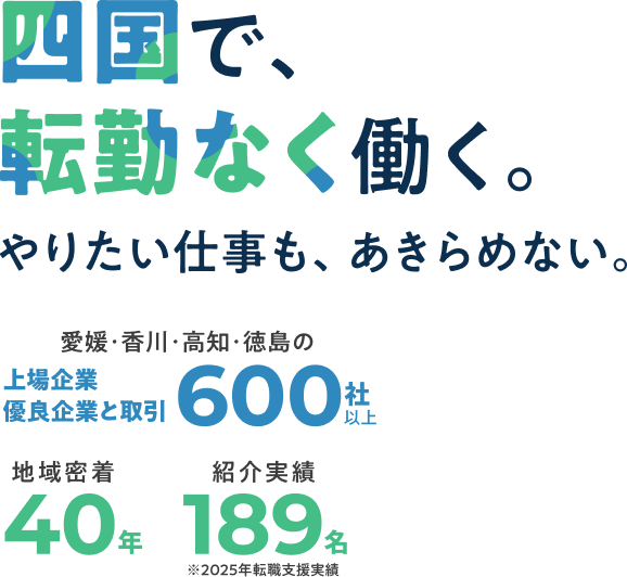四国で、転勤なく働く。やりたい仕事も、あきらめない。愛媛、香川、高知、徳島の上場企業 優良企業と取引600社以上 地域密着40年 紹介実績189名 2025年転職支援実績